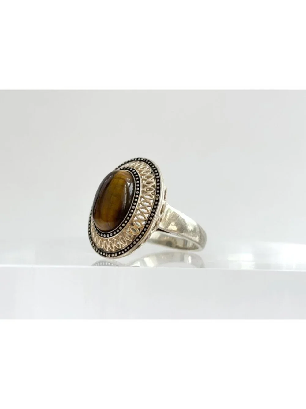 Genuine Tiger's Eye Gemstone Filigree Sterling Silver 925 Vintage Ring - sz 8